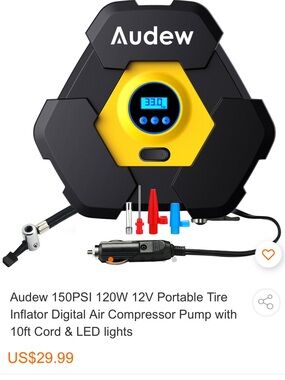Audew 150PS| 120W 12V Portable Tire
Inflator Digital Air Compressor Pump